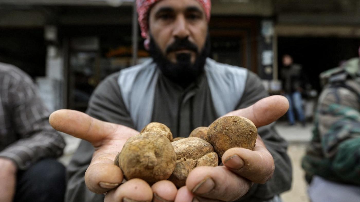 A merchant presents desert truffles at a stall in a market in the city of Hama in west-central Syria on March 6, 2023. AFP 2